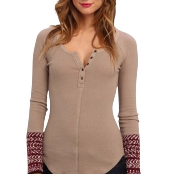 Free People tan alpine cuff waffle knit thermal sweater size L - Picture 1 of 9